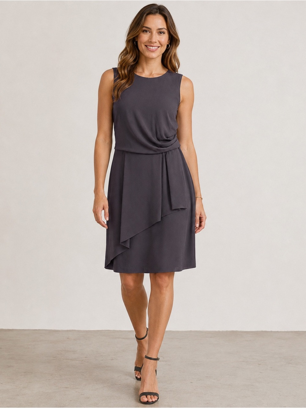Vince Camuto Draped Sheath Dress Size 12 Purple Gray Sleeveless Cocktail Career